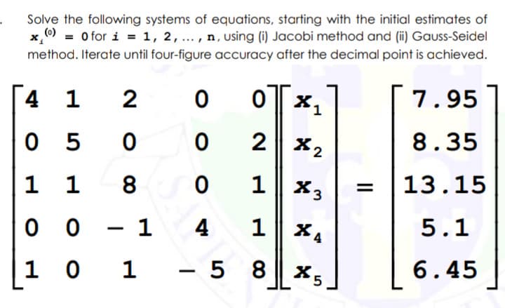 Solve the following systems of equations, starting with the initial estimates of
x(0) = 0 for i = 1, 2, ..., n, using (i) Jacobi method and (ii) Gauss-Seidel
method. Iterate until four-figure accuracy after the decimal point is achieved.
1 2
05
0
1 1 8
00
1 0
4
- 1
1
0
0
0
2
X2
0 1
X3
4 1 X
4
- 58
X
5
=
7.95
8.35
13.15
5.1
6.45