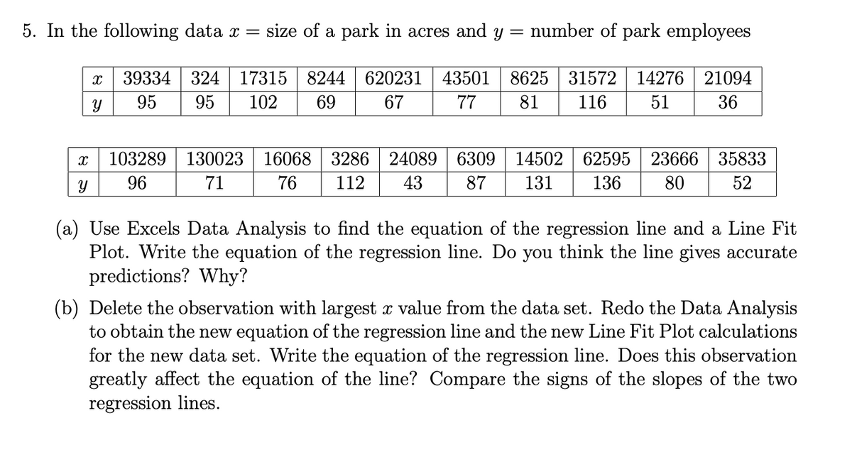 5. In the following data x=
size of a park in acres and y
number of park employees
39334 324
17315 8244
620231
43501
8625 31572 14276 21094
95
95
102
69
67
77
81
116
51
36
103289 130023 16068 3286 24089
6309
14502 62595 23666 35833
96
71
76
112
43
87
131
136
80
52
(a) Use Excels Data Analysis to find the equation of the regression line and a Line Fit
Plot. Write the equation of the regression line. Do you think the line gives accurate
predictions? Why?
(b) Delete the observation with largest x value from the data set. Redo the Data Analysis
to obtain the new equation of the regression line and the new Line Fit Plot calculations
for the new data set. Write the equation of the regression line. Does this observation
greatly affect the equation of the line? Compare the signs of the slopes of the two
regression lines.
