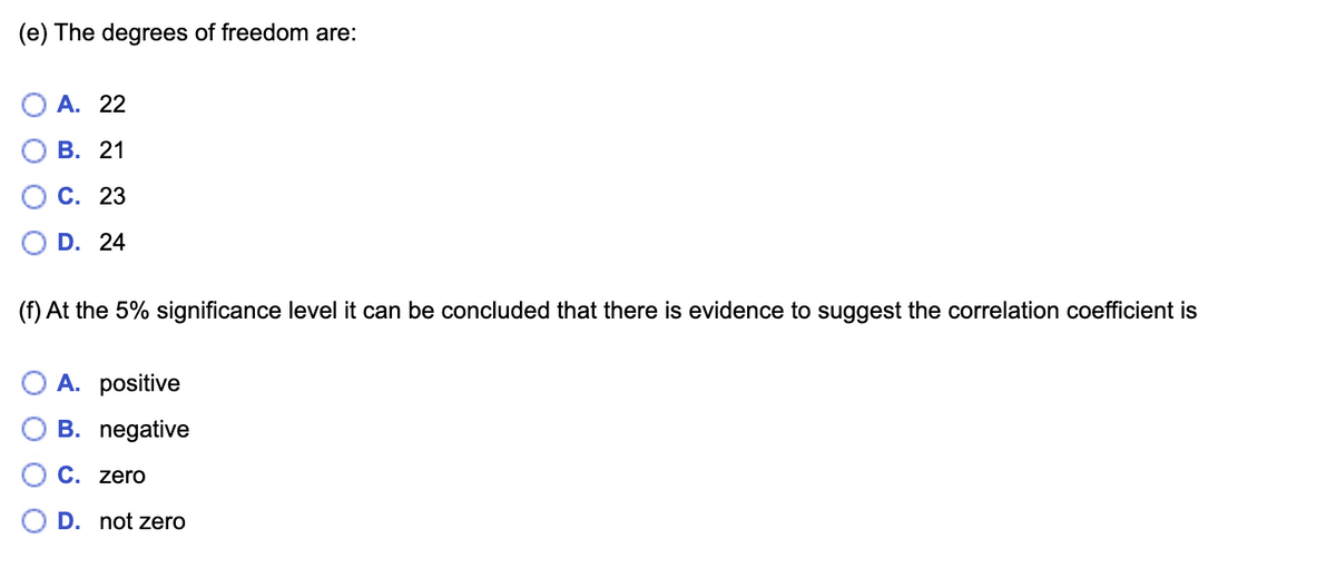 (e) The degrees of freedom are:
A. 22
В. 21
С. 23
D. 24
(f) At the 5% significance level it can be concluded that there is evidence to suggest the correlation coefficient is
A. positive
B. negative
C. zero
D. not zero
