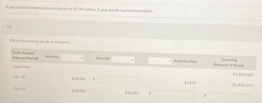 A partial bond amortization schedule for $1.90-million, 5-year bonds is presented below:
(a)
Fill in the missing words or amounts
Semi-Annual
Interest Period
Issue Date
Apr 30
Oct. 31
Interest
$38,000 $
$38.000
Interest
$46,055
Amortization
$7,859
Carrying
Amount of Bonds
$1,834,360
$1,842,219