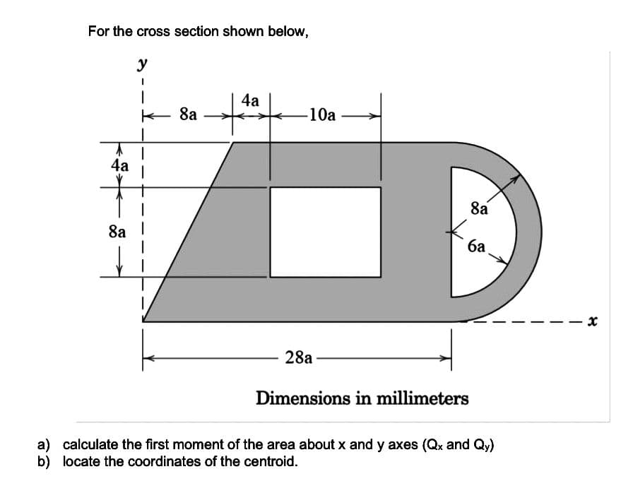 For the cross section shown below,
y
1
4a 1
8a I
8a
4a
-10a
28a
8a
6a
Dimensions in millimeters
a) calculate the first moment of the area about x and y axes (Qx and Qy)
b) locate the coordinates of the centroid.
४