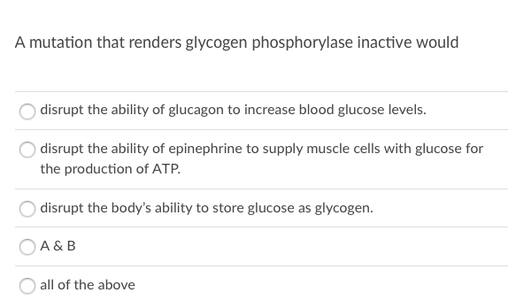 A mutation that renders glycogen phosphorylase inactive would
disrupt the ability of glucagon to increase blood glucose levels.
disrupt the ability of epinephrine to supply muscle cells with glucose for
the production of ATP.
disrupt the body's ability to store glucose as glycogen.
A & B
all of the above
