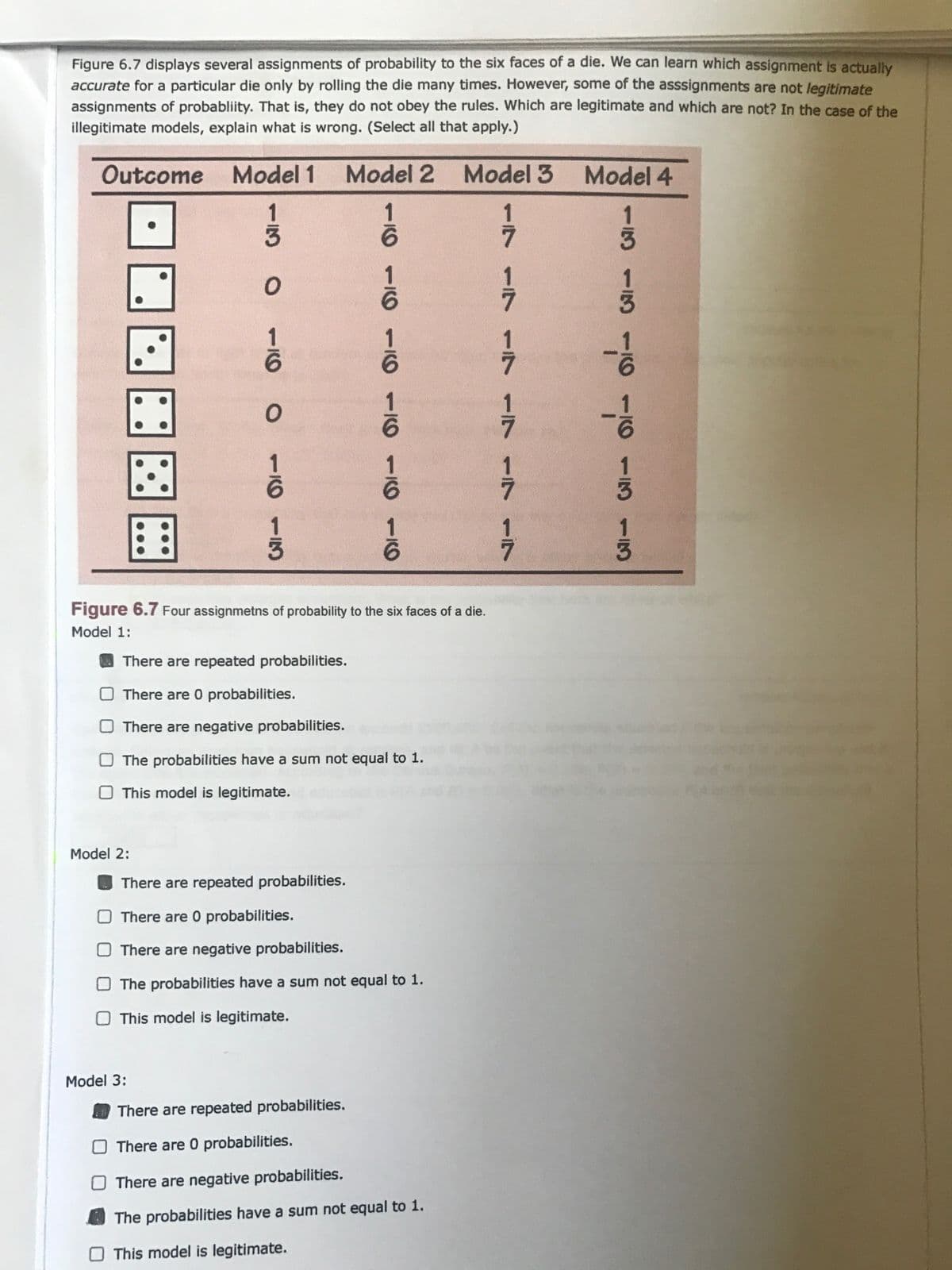 ---

**Title: Evaluating Probability Assignments for a Die**

**Introduction:**
In the study of probability, it's crucial to ensure that probability assignments are legitimate. That is, they must conform to the established rules of probability. In this example, we will examine four different models that assign probabilities to the faces of a six-sided die. By analyzing these models, we can determine which are accurate representations and which contain errors.

**Figure Explanation:**

**Figure 6.7: Four assignments of probability to the six faces of a die.**
- **Outcome:** This row shows the faces of a die from 1 to 6.
- **Models:**
  - **Model 1, 2, 3, and 4:** These columns list the probabilities assigned to each face under different models.

Below is the table data:

| Outcome | Model 1 | Model 2 | Model 3 | Model 4 |
|---------|---------|---------|---------|---------|
| 1       | 1/3     | 1/6     | 1/7     | 1/3     |
| 2       | 1/3     | 1/6     | 1/7     | 1/3     |
| 3       | 0       | 1/6     | 1/7     | -1/6    |
| 4       | 1/6     | 1/6     | 1/7     | 1/3     |
| 5       | 1/6     | 1/6     | 1/7     | -1/6    |
| 6       | 1/6     | 1/6     | 1/7     | 1/3     |

**Assessment Checklist:**

**Model 1:**
⬜ There are repeated probabilities.  
⬜ There are 0 probabilities.  
⬜ There are negative probabilities.  
⬜ The probabilities have a sum not equal to 1.  
⬜ This model is legitimate.  

**Model 2:**
⬜ There are repeated probabilities.  
⬜ There are 0 probabilities.  
⬜ There are negative probabilities.  
⬜ The probabilities have a sum not equal to 1.  
⬜ This model is legitimate.  

**Model 3:**
⬜ There are repeated probabilities.  
⬜ There