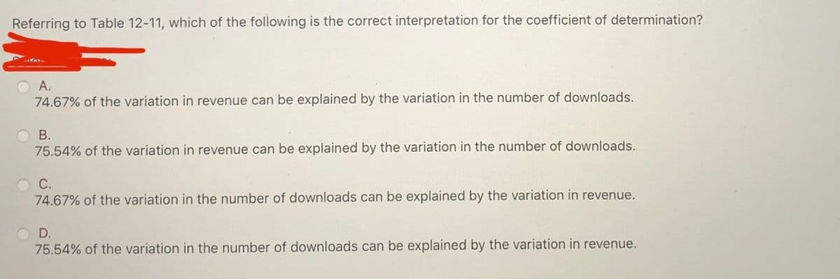 Referring to Table 12-11, which of the following is the correct interpretation for the coefficient of determination?
O A.
74.67% of the variation in revenue can be explained by the variation in the number of downloads.
В.
75.54% of the variation in revenue can be explained by the variation in the number of downloads.
74.67% of the variation in the number of downloads can be explained by the variation in revenue.
D.
75.54% of the variation in the number of downloads can be explained by the variation in revenue.
