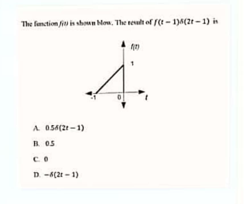 The function fit) is shown blow. The texult of ((t - 1)5(2t – 1) is
A 0.56(2t – 1)
B. 05
C. 0
p. -6(2t - 1)
