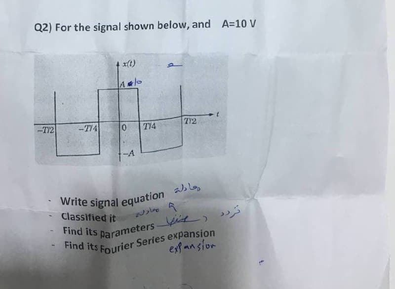 Q2) For the signal shown below, and A=10 V
4 x(t)
T12
-T14
T14
TY2
Classified it
Parameters- t)
exp an sior
Find its
