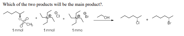 Which of the two products will be the main product?.
m. you. I
CH₂
1 mmol
1 mmol
1 mmo
+
e
Br
OH
~
+