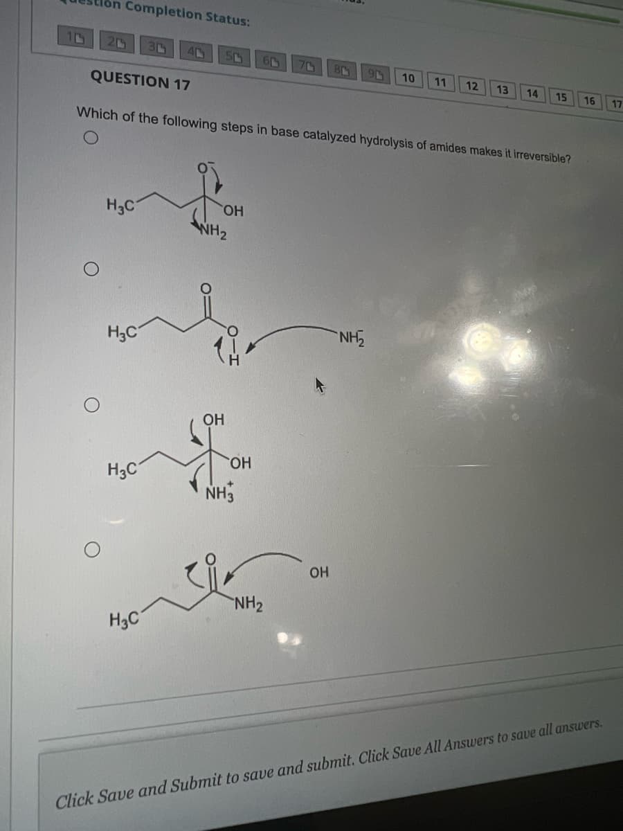 10
Completion Status:
20
HC
H3C
QUESTION 17
Which of the following steps in base catalyzed hydrolysis of amides makes it irreversible?
H3C
31
H3C
4
ОН
WH₂
ОН
ОН
NH3
здо
61 70 80
NH₂
ОН
NH₂
10 11 12 13 14 15
16
Click Save and Submit to save and submit. Click Save All Answers to save all answers.
17