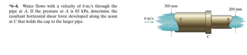 *6-4. Water flows with a velocity of 6 m/s through the
pipe at A. If the pressure at A is 65 kPa, determine the
resultant horizontal shear force developed along the seam
at C that holds the cap to the larger pipe.
300 mm
200 mm
6 m/s
B
