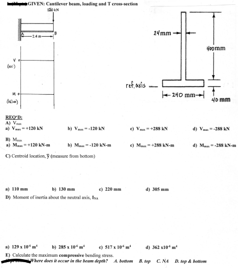 GIVEN: Cantilever beam, loading and T cross-section
120 kN
24 mm
Yoomm
ref. avis.
+ 240 mm-
40 mm
REQ'D:
A) Vn
a) Vm=+120 KN
b) Va-120 kN
c) Va+288 kN
d) Vm =-288 kN
B) Ma
а) М.а+120 KN-m
b) Ma --120 kN-m
c) Maas+288 kN-m
d) Maas =-288 kN-m
C) Centroid location, F (measure from bottom)
a) 110 mm
b) 130 mm
c) 220 mm
d) 305 mm
D) Moment of inertia about the neutral axis, INA
а) 129 х 10% пm*
b) 285 x 10 m
c) 517 x 10 m
d) 362 x10* m
E) Calculate the maximum compressive bending stress.
Where does it occur in the beam depth? A. bottom
B. top C. NA D. top & bottom
