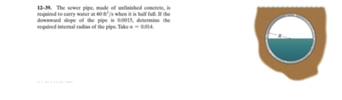 12-39. The sewer pipe, made of unfinished concrete, is
required to carry water at 60 ft'/s when it is half full. If the
downward slope of the pipe is 0.0015, determine the
required internal radius of the pipe. Take n = 0.014.
