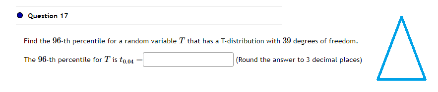 Question 17
Find the 96-th percentile for a random variable T that has a T-distribution with 39 degrees of freedom.
The 96-th percentile for T is to.04
(Round the answer to 3 decimal places)