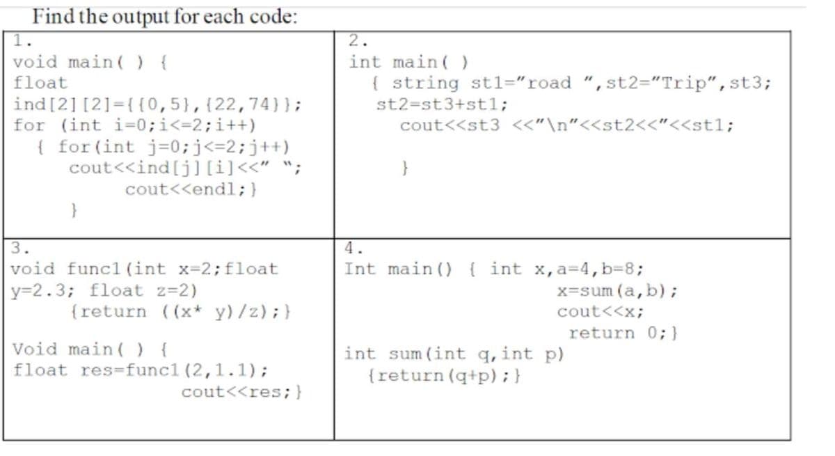 Find the output for each code:
1.
2.
void main () {
int main ( )
{ string st1="road ",st2="Trip",st3;
float
ind[2] [2]={{0,5},{22,74}};
for (int i=0;i<=2;i++)
{ for(int j=0;j<=2;j++)
cout<<ind[j][i]<<" ";
cout<<endl; }
st2=st3+st1;
cout<<st3 <<"\n"<<st2<<"<<st1;
}
3.
4.
void func1(int x=2;float
y=2.3; float z=2)
{return
Int main () { int x,a=4,b=8;
x=sum (a, b);
x* y)/z);}
cout<<x;
return 0;}
Void main () {
float res=func1 (2,1.1);
int sum (int q,int p)
{return (q+p); }
cout<<res;}
