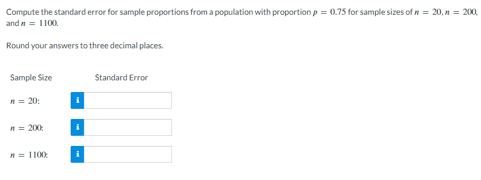 Compute the standard error for sample proportions from a population with proportion p = 0.75 for sample sizes of n = 20, n = 200,
and n = 1100.
Round your answers to three decimal places.
Sample Size
n = 20:
n = 200:
n = 1100:
i
Mi
Mc
Standard Error