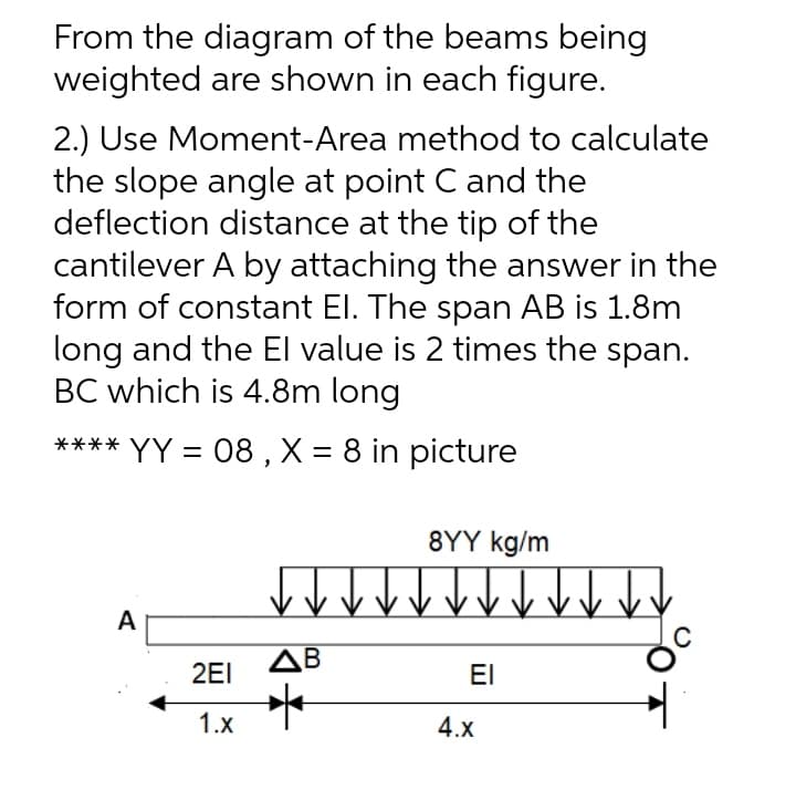 From the diagram of the beams being
weighted are shown in each figure.
2.) Use Moment-Area method to calculate
the slope angle at point C and the
deflection distance at the tip of the
cantilever A by attaching the answer in the
form of constant El. The span AB is 1.8m
long and the El value is 2 times the span.
BC which is 4.8m long
**** YY = 08 ,X = 8 in picture
8YY kg/m
A
AB
2EI
El
1.x
4.х
