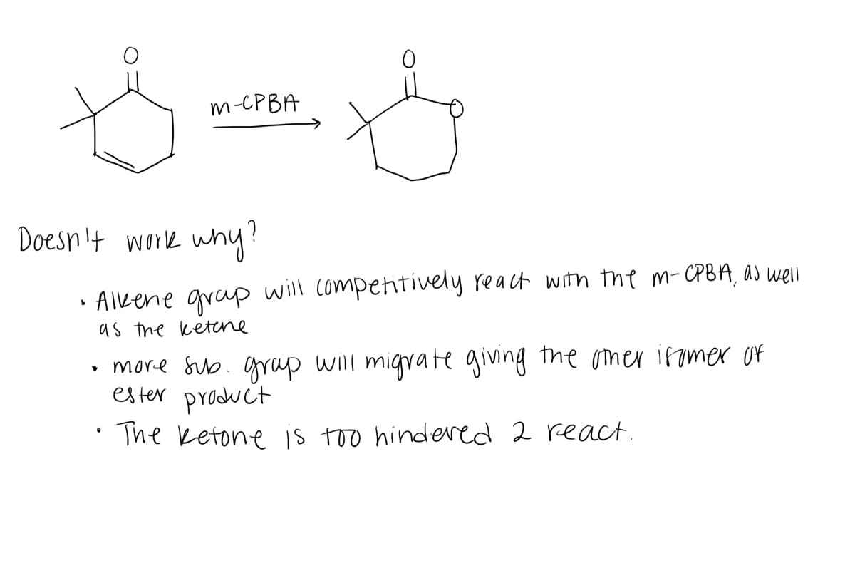 m-CPBA
Doesn't work why?
• AIkene gvap will compentively react with the m-CPBA, as well
as the ketcne
• more sub. grup will migrate givng the omer iromer Of
ester product
The Ketone is too hindered 2 react.
