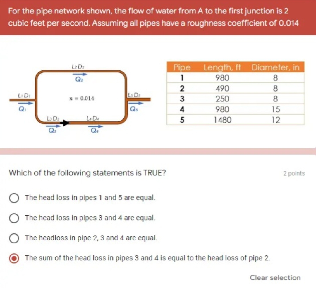 For the pipe network shown, the flow of water from A to the first junction is 2
cubic feet per second. Assuming all pipes have a roughness coefficient of 0.014
L2 D2
Pipe
Length, ft Diameter, in
Q₂
1
980
2
490
Li Di
SD₁
n = 0.014
3
250
Qs
4
980
L3 D3
LD
5
1480
Which of the following statements is TRUE?
The head loss in pipes 1 and 5 are equal.
The head loss in pipes 3 and 4 are equal.
The headloss in pipe 2, 3 and 4 are equal.
The sum of the head loss in pipes 3 and 4 is equal to the head loss of pipe 2.
88852
15
12
2 points
Clear selection