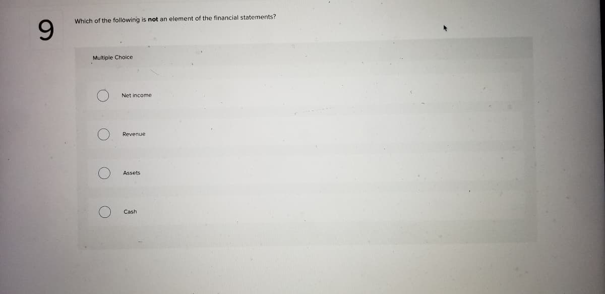 ### Financial Statements Quiz

#### Question 9:
Which of the following is **not** an element of the financial statements?

**Options:**
- **Net income** 
- **Revenue**
- **Assets**
- **Cash**

---

This question assesses your understanding of the integral elements that comprise financial statements in accounting. Review each option carefully and choose the one that you believe does not fit within the traditional financial statements framework.