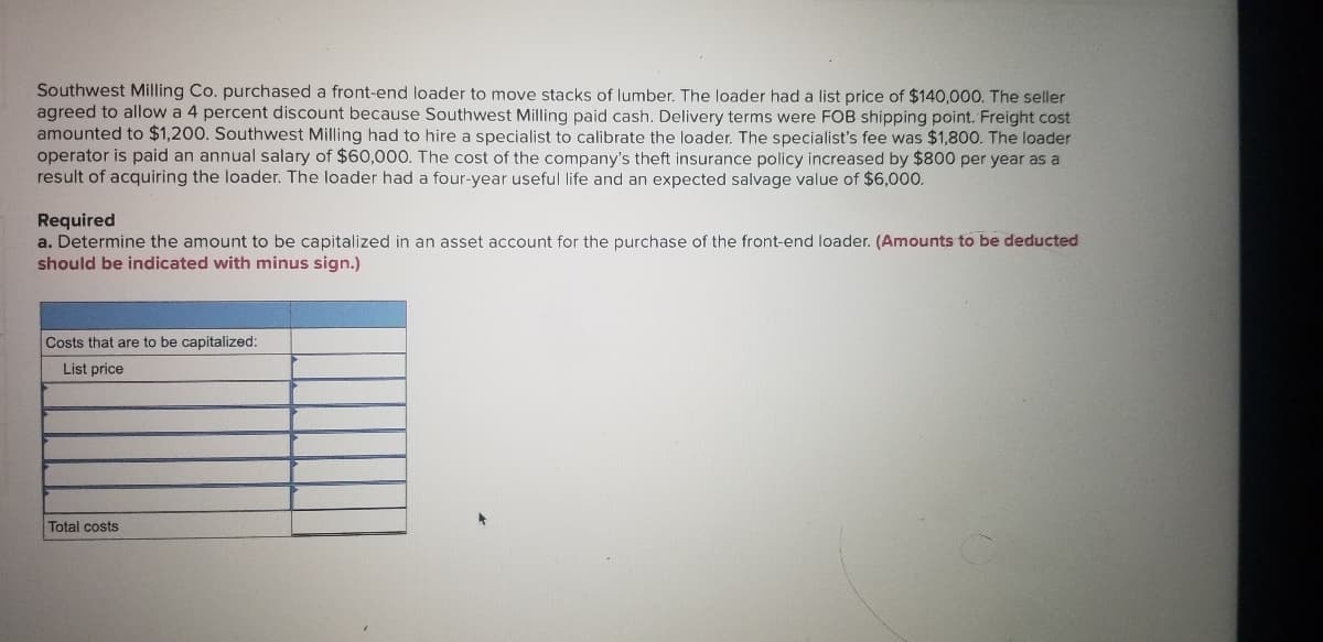 Southwest Milling Co. purchased a front-end loader to move stacks of lumber. The loader had a list price of $140,000. The seller
agreed to allow a 4 percent discount because Southwest Milling paid cash. Delivery terms were FOB shipping point. Freight cost
amounted to $1,200. Southwest Milling had to hire a specialist to calibrate the loader. The specialist's fee was $1,800. The loader
operator is paid an annual salary of $60,000. The cost of the company's theft insurance policy increased by $800 per year as a
result of acquiring the loader. The loader had a four-year useful life and an expected salvage value of $6,000.
Required
a. Determine the amount to be capitalized in an asset account for the purchase of the front-end loader. (Amounts to be deducted
should be indicated with minus sign.)
Costs that are to be capitalized:
List price
Total costs
