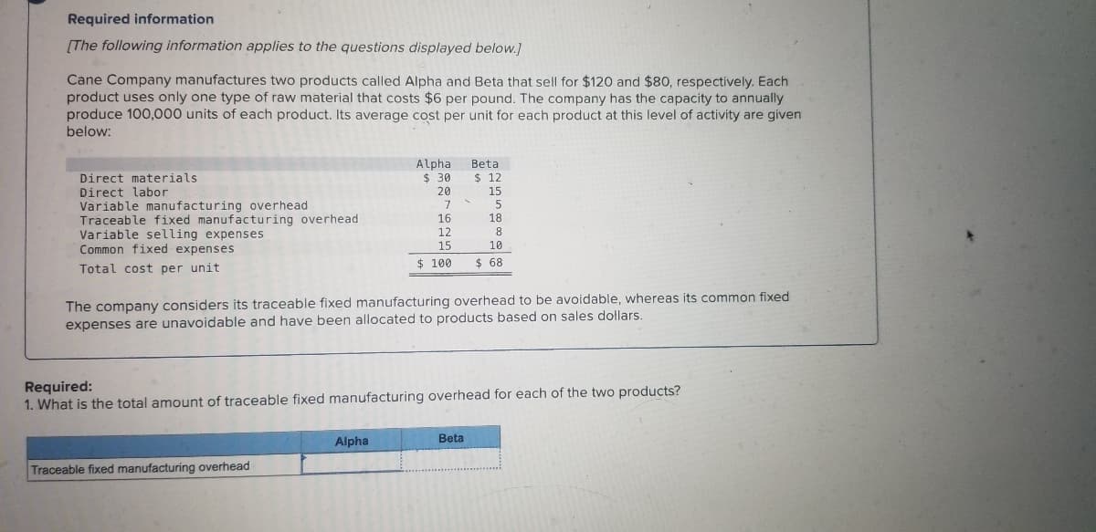 Required information
[The following information applies to the questions displayed below.]
Cane Company manufactures two products called Alpha and Beta that sell for $120 and $80, respectively. Each
product uses only one type of raw material that costs $6 per pound. The company has the capacity to annually
produce 100,000 units of each product. Its average cost per unit for each product at this level of activity are given
below:
Alpha
$ 30
Beta
$ 12
Direct materials
Direct labor
Variable manufacturing overhead
Traceable fixed manufacturing overhead
Variable selling expenses
Common fixed expenses
20
15
16
12
15
18
10
$ 100
$ 68
Total cost per unit
The company considers its traceable fixed manufacturing overhead to be avoidable, whereas its common fixed
expenses are unavoidable and have been allocated to products based on sales dollars.
Required:
1. What is the total amount of traceable fixed manufacturing overhead for each of the two products?
Alpha
Beta
Traceable fixed manufacturing overhead
