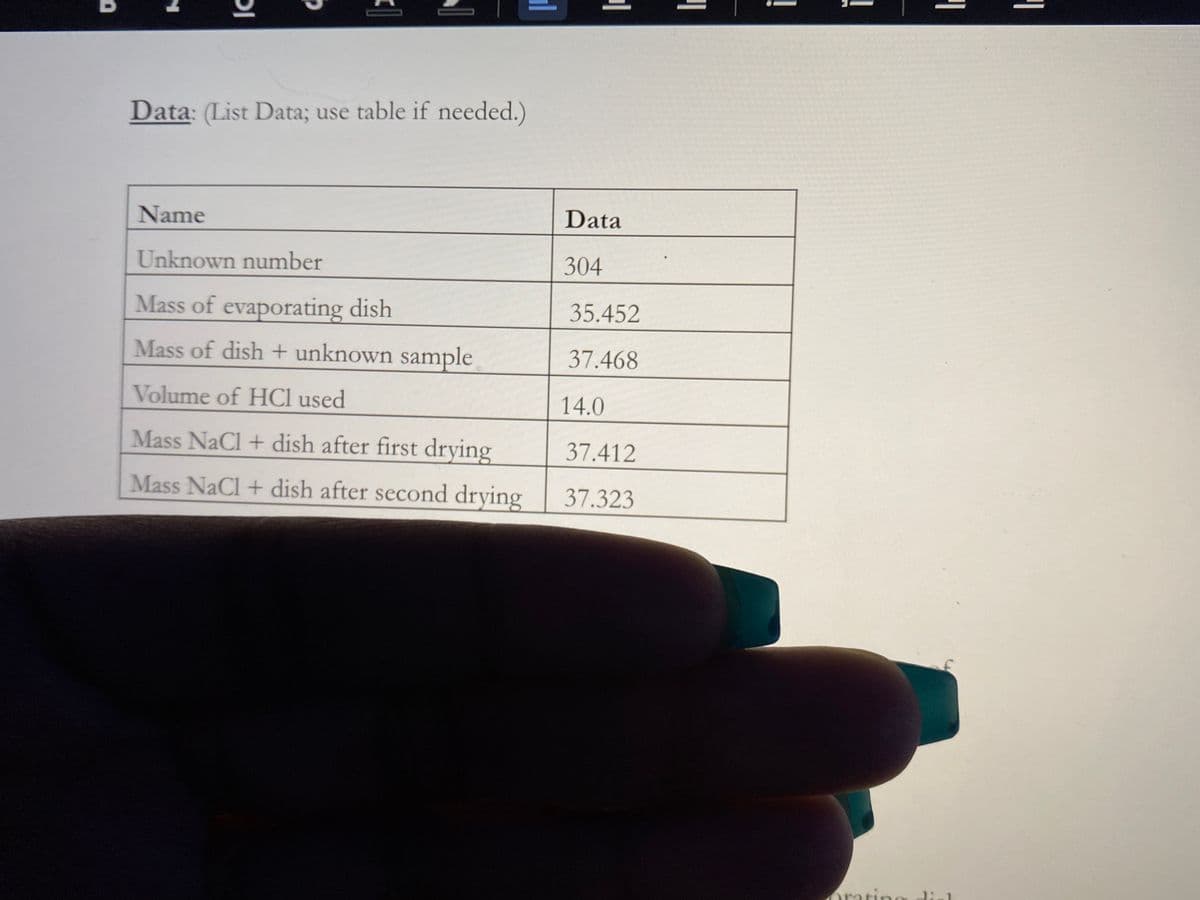 Data: (List Data; use table if needed.)
Name
Data
Unknown number
304
Mass of evaporating dish
35.452
Mass of dish + unknown sample
37.468
Volume of HCl used
14.0
Mass NaCl + dish after first drying
37.412
Mass NaCl + dish after second drying
37.323
oratin
