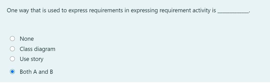 One way that is used to express requirements in expressing requirement activity is
None
Class diagram
Use story
Both A and B
