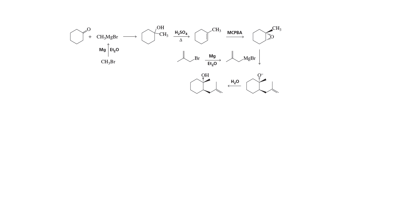 ОН
CH3
CH3
МСРВА
+ CHĄMGB.
CH; H2SO,
A
Mg Et,0
Mg
Br
CH3B.
Et,0
ОН
H20
