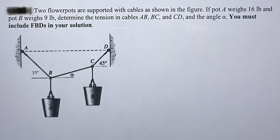 Two flowerpots are supported with cables as shown in the figure. If pot A weighs 16 lb and
pot B weighs 9 lb, determine the tension in cables AB, BC, and CD, and the angle a. You must
include FBDs in your solution.
45°
35° B
a