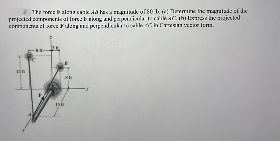 The force F along cable AB has a magnitude of 80 lb. (a) Determine the magnitude of the
projected components of force F along and perpendicular to cable AC. (b) Express the projected
components of force F along and perpendicular to cable AC in Cartesian vector form.
3 ft.
8 ft
12 ft
F
B
15 ft
8 ft