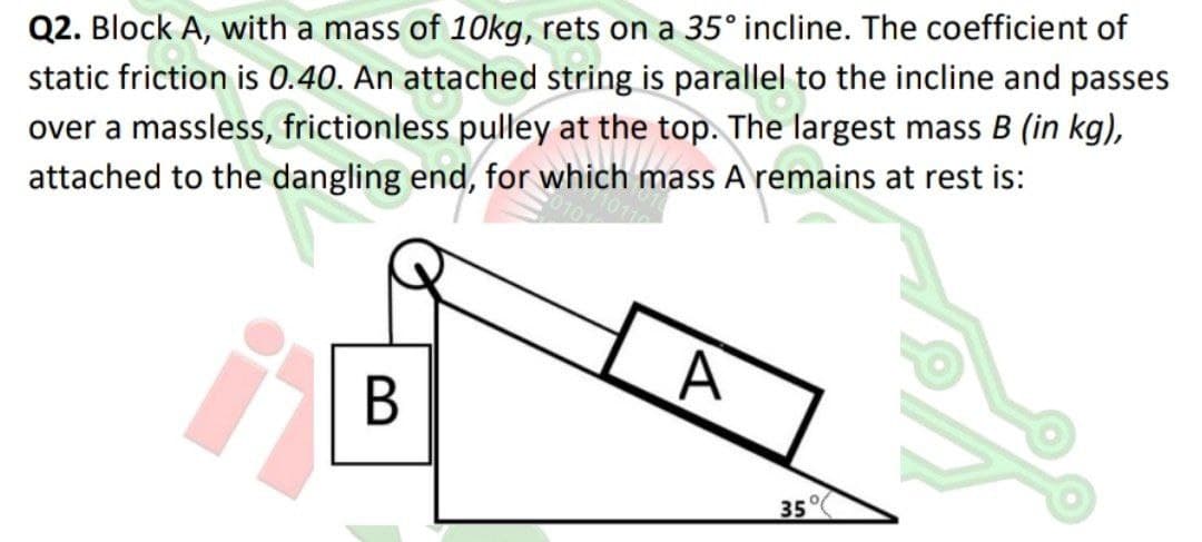 Q2. Block A, with a mass of 10kg, rets on a 35° incline. The coefficient of
static friction is 0.40. An attached string is parallel to the incline and passes
over a massless, frictionless pulley at the top. The largest mass B (in kg),
attached to the dangling end, for which mass A remains at rest is:
В
35°
