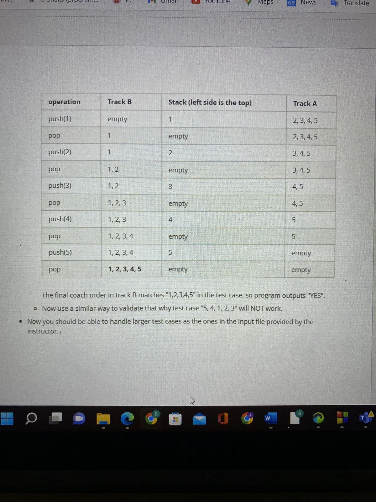 ANNI
2
3
News
operation
Stack (left side is the top)
Track A
push(1)
1
2,3,4,5
pop
empty
2,3,4,5
push(2)
1
2
3,4,5
pop
1,2
empty
3,4,5
push(3)
1,2
3
4,5
pop
1,2,3
empty
4,5
push(4)
1,2,3
4
5
1, 2, 3, 4
empty
5
pop
push(5)
1, 2, 3, 4
5
empty
pop
1, 2, 3, 4, 5
empty
empty
The final coach order in track B matches "1,2,3,4,5" in the test case, so program outputs "YES".
o Now use a similar way to validate that why test case "5, 4, 1, 2, 3" will NOT work.
• Now you should be able to handle larger test cases as the ones in the input file provided by the
instructor.
0
0
W
Track B
empty
1
Maps
Translate