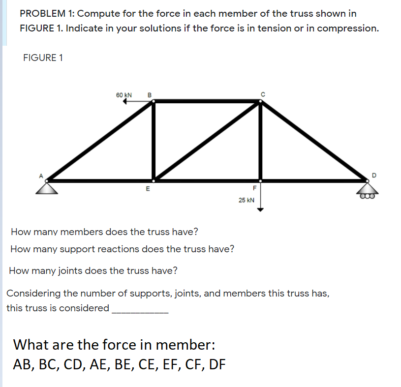 PROBLEM 1: Compute for the force in each member of the truss shown in
FIGURE 1. Indicate in your solutions if the force is in tension or in compression.
FIGURE 1
60 kN
B
E
F
25 kN
How many members does the truss have?
How many support reactions does the truss have?
How many joints does the truss have?
Considering the number of supports, joints, and members this truss has,
this truss is considered
What are the force in member:
AB, BC, CD, AE, BE, CE, EF, CF, DF
