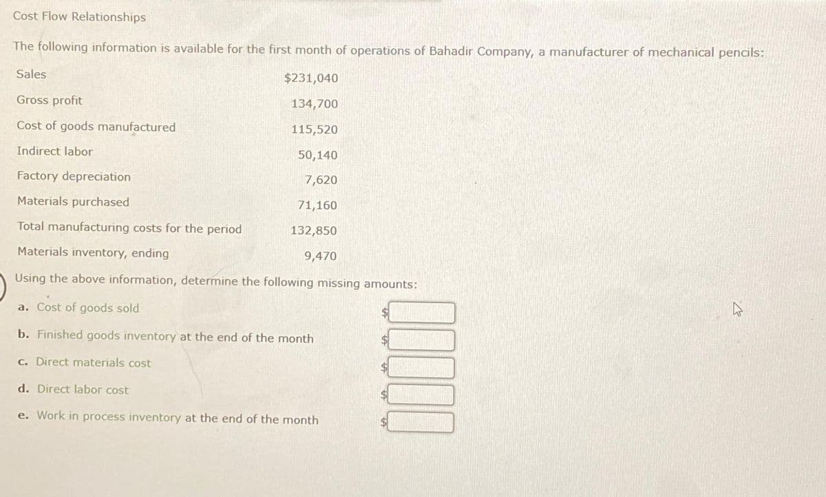 Cost Flow Relationships
The following information is available for the first month of operations of Bahadir Company, a manufacturer of mechanical pencils:
Sales
$231,040
134,700
Gross profit
Cost of goods manufactured
115,520
Indirect labor
50,140
Factory depreciation
7,620
Materials purchased
71,160
Total manufacturing costs for the period
132,850
Materials inventory, ending
9,470
Using the above information, determine the following missing amounts:
a. Cost of goods sold
b. Finished goods inventory at the end of the month
c. Direct materials cost
d. Direct labor cost
e. Work in process inventory at the end of the month
00000
$