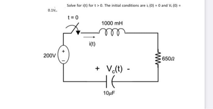 Solve for i(t) for t > 0. The initial conditions are i (0) = 0 and Ve (0) =
0.1v.
t = 0
1000 mH
i(t)
200V
6502
+ V.(t) -
10µF
ww-
