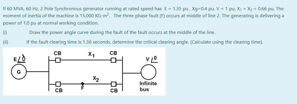 If 60 MVA, 60 Hz, 2 Pole Synchronous generator running at rated speed has E = 1.35 pu , Xg=0.4 pu, V = 1 pu, X1 = X2 = 0.66 pu. The
moment of inertia of the machine is 15,000 KG-m2. The three phase fault (F) occurs at middle of line 2. The generating is delivering a
power of 1.0 pu at normal working condition.
(i)
Draw the power angle curve during the fault of the fault occurs at the middle of the line.
(ii)
If the fault clearing time is 1.36 seconds, determine the critical clearing angle. (Calculate using the clearing time).
св
X1
CB
E
G
X2
Infinite
CB
CB
bus
