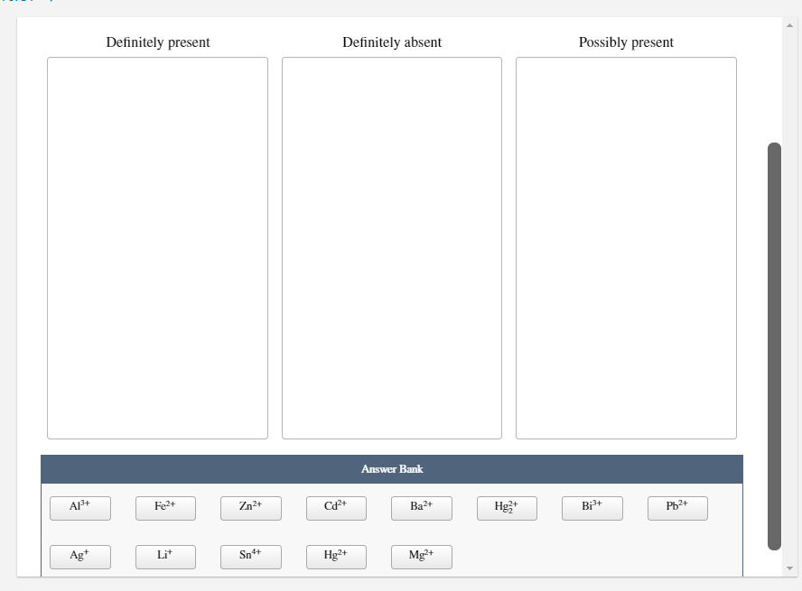 Definitely present
Definitely absent
Possibly present
Answer Bank
A+
Fe2+
Zn2+
Ba2+
2+
Pb2+
Ag*
Lit
Sn+
Hg2+
Mg²+

