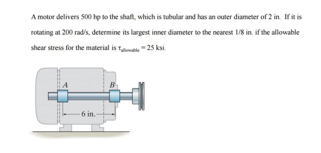 A motor delivers 500 hp to the shaft, which is tubular and has an outer diameter of 2 in. If it is
rotating at 200 rad/s, determine its largest inner diameter to the nearest 1/8 in. if the allowable
shear stress for the material is Tallowable = 25 ksi.
6 in.
B