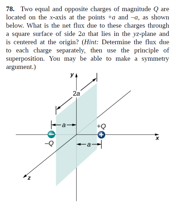 78. Two equal and opposite charges of magnitude Q are
located on the x-axis at the points +a and -a, as shown
below. What is the net flux due to these charges through
a square surface of side 2a that lies in the yz-plane and
is centered at the origin? (Hint: Determine the flux due
to each charge separately, then use the principle of
superposition. You may be able to make a symmetry
argument.)
2а
-a-
+Q
