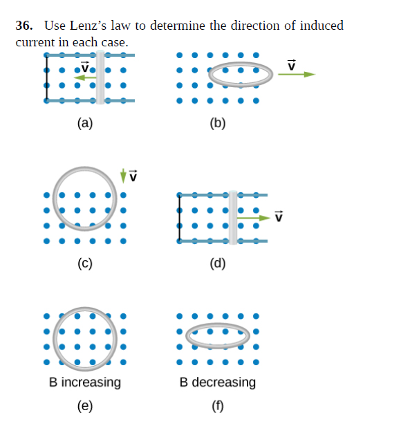 36. Use Lenz's law to determine the direction of induced
current in each case.
(a)
(b)
(c)
(d)
B increasing
B decreasing
(e)
(f)
t>
