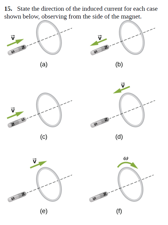 15. State the direction of the induced current for each case
shown below, observing from the side of the magnet.
(a)
(b)
(c)
(d)
(e)
(f)
3
1>
