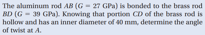 The aluminum rod AB (G = 27 GPa) is bonded to the brass rod
BD (G 39 GPa). Knowing that portion CD of the brass rod is
hollow and has an inner diameter of 40 mm, determine the angle
of twist at A.
=