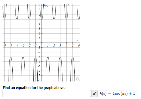 Welcome to our Educational Resource Center

In the image provided, we observe a graph of a mathematical function. Let's analyze and understand it more closely.

### Analysis of the Graph: 

The graph depicted is on the Cartesian plane with both the x-axis and y-axis visible, along with a grid that helps in identifying the coordinates of crucial points.

**Function Characteristics:**
- The function exhibits periodic behavior characteristic of trigonometric functions.
- The graph’s peaks reach approximately \( y = 3 \).
- The troughs go down to approximately \( y = -7 \).
  
**Axes and Intervals:**
- The x-axis is labeled with integers from -5 to 5.
- The y-axis is labeled with integers from -7 to 5.
- The periodic nature is evident with repeating patterns along the x-axis.

The given prompt beneath the graph reads:

### Prompt:
**Find an equation for the graph above.**

### Provided Equation:
\[ k(c) = 4 \sec(\pi c) + 1 \]

### Breakdown of the Equation:
Given the provided equation, it can be inferred that:
- The function involves the secant function, which is the reciprocal of the cosine function (\( \sec(x) = \frac{1}{\cos(x)} \)).
- The coefficient (4) indicates that the secant function is being stretched vertically by a factor of 4.
- The addition of 1 after the secant function indicates a vertical shift of the graph upwards by one unit.

### Observational Notes:
- The peaks (maximum values) of the graph at \( y = 3 \) indicate the highest points.
- The troughs (minimum values) at \( y = -7 \) indicate the lowest points.

This provides an insightful look into the nature of the function \( k(c) \). The elements of periodicity, vertical stretching, and shifting illustrate the combined effects in trigonometric graph transformations.

### Educational Takeaway:
Understanding the behavior and transformation of trigonometric functions is crucial for students engaging in higher-level mathematics. By examining graphs and their corresponding equations, learners can build a deeper comprehension of function properties and their real-world implications.

