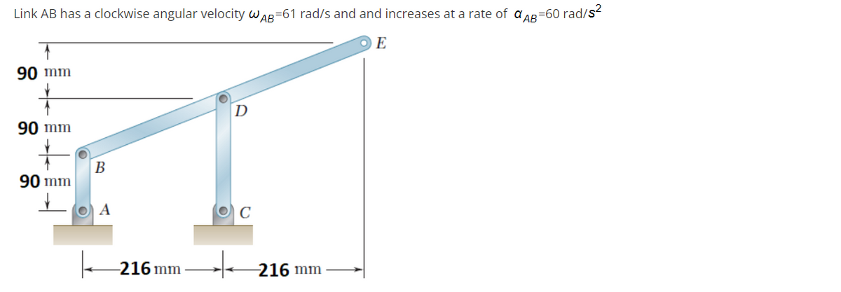 Link AB has a clockwise angular velocity waR-61 rad/s and and increases at a rate of aAR-60 rad/s
90 mm
D
90 mm
В
90 mm
O A
216 mm
-216 mm
