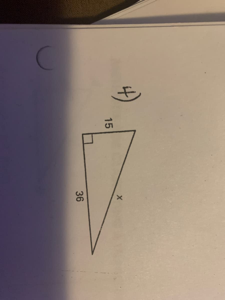 ### Educational Website Content

---

#### Problem 4:

**Diagram Explanation:**

The image depicts a right-angled triangle. The triangle has three sides:

1. The base, which measures 36 units.
2. The height, which measures 15 units.
3. The hypotenuse, the side opposite the right angle, which is labeled as \( x \).

To solve for \( x \), we can apply the Pythagorean theorem because the triangle is a right triangle. The Pythagorean theorem states:

\[ a^2 + b^2 = c^2 \]

where \(a\) and \(b\) are the lengths of the legs of the triangle, and \(c\) is the length of the hypotenuse.

In this case:
\[ a = 15 \]
\[ b = 36 \]
\[ c = x \]

Plugging in the values:
\[ 15^2 + 36^2 = x^2 \]
\[ 225 + 1296 = x^2 \]
\[ 1521 = x^2 \]
\[ x = \sqrt{1521} \]
\[ x = 39 \]

Therefore, the length of the hypotenuse \( x \) is 39 units.