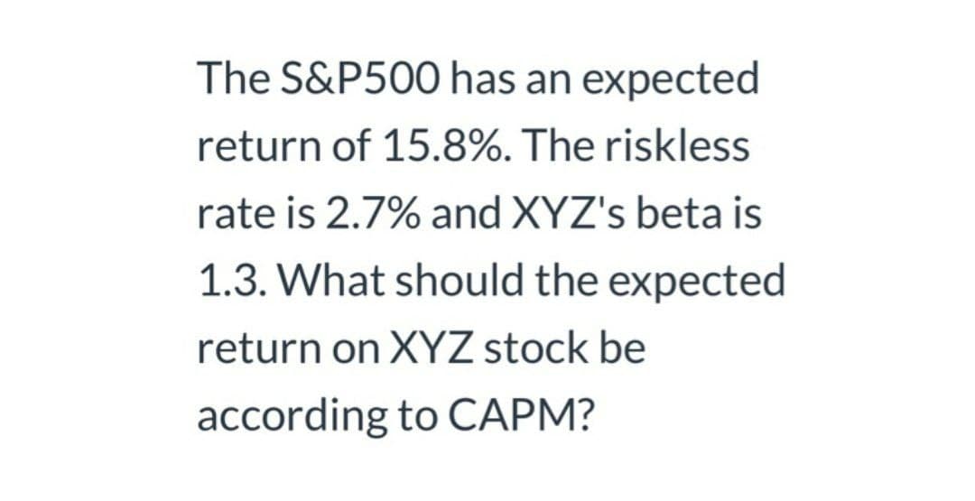 The S&P500 has an expected
return of 15.8%. The riskless
rate is 2.7% and XYZ's beta is
1.3. What should the expected
return on XYZ stock be
according to CAPM?
