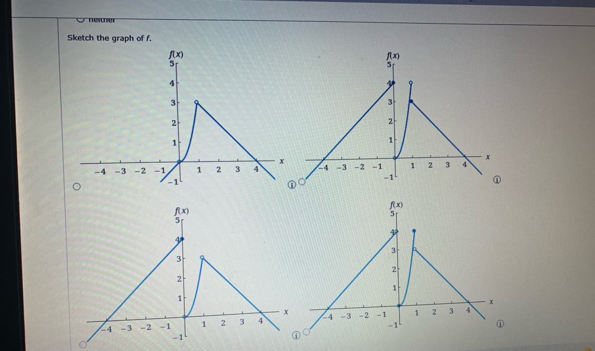 ### Sketch the Graph of \( f \)

#### Introduction
In this activity, you are asked to choose the correct graph that represents a function \( f(x) \). Each graph is plotted with the x-axis ranging from -4 to 4 and the y-axis ranging from -1 to 5. Take note of the behavior of the function at key points to determine which graph matches the given description.

#### Graph Descriptions

1. **Graph (i)**:
   - **x-axis**: From -4 to 4.
   - **y-axis**: From -1 to 5.
   - **Key Points**:
     - The function starts at \( f(x) = -1 \) when \( x = -4 \).
     - The function increases to a maximum point at \( f(x) = 3 \) when \( x \approx 1 \).
     - The function then decreases to \( f(x) = 0 \) when \( x = 4 \).

2. **Graph (ii)**:
   - **x-axis**: From -4 to 4.
   - **y-axis**: From -1 to 5.
   - **Key Points**:
     - The function starts at \( f(x) = -1 \) when \( x = -4 \).
     - The function increases sharply reaching a peak at \( f(x) = 4 \) when \( x \approx -1 \).
     - There is another peak at \( f(x) = 3\) when \( x \approx 1 \).
     - The function then decreases to \( f(x) = 0 \) when \( x = 4 \).

3. **Graph (iii)**:
   - **x-axis**: From -4 to 4.
   - **y-axis**: From -1 to 5.
   - **Key Points**:
     - The function starts at \( f(x) = -1 \) when \( x = -4 \).
     - The function increases steadily reaching a peak at \( f(x) = 4 \) when \( x \approx -2 \).
     - Another peak is reached at \( f(x) = 3\) when \( x \approx 1 \).
     - The function then decreases to \( f(x) = 1 \) when \( x = 4 \).

4. **Graph (iv)**:
   -