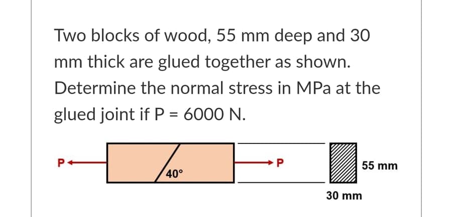 Two blocks of wood, 55 mm deep and 30
mm thick are glued together as shown.
Determine the normal stress in MPa at the
glued joint if P = 6000 N.
55 mm
40°
30 mm
