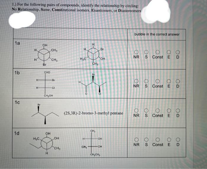 1.) For the following pairs of compounds, identify the relationship by circling:
No Relationship, Same, Constitutional isomers, Enantiomers, or Diastereomers
1a
1b
1c
1d
H
H
OH
Br
CH₂
CH₂
H.
H₂C
H
CH3
CHO
Br
H
-Br
€ 4
H-
-CI
CH₂OH
Br
OH
(2S,3R)-2-bromo-3-methyl pentane
CH₂
OH
H₂C
OH
H
-OH
$ €
CH,- OH
CH₂
H
CH₂CH₂
bubble in the correct answer
09/12
OO
OOO
NR S Const ED
OOOOO
NR S Const E D
OOO OO
NR S Const E D
OOO OO
NR S Const ED