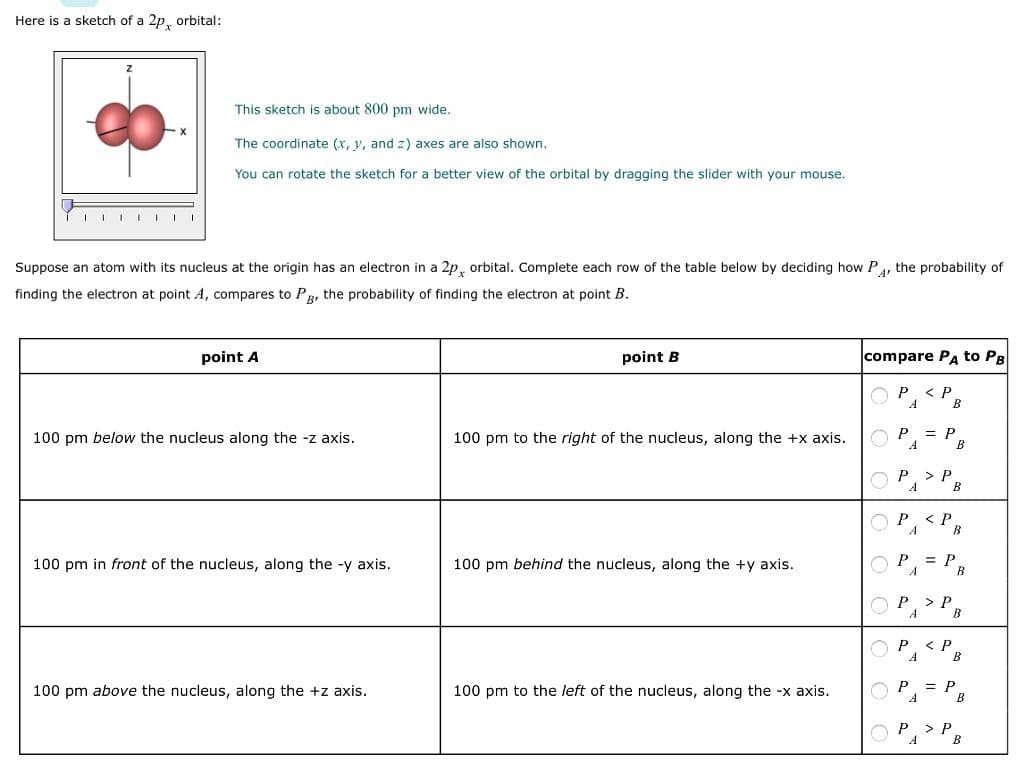 Here is a sketch of a 2p, orbital:
X
||||||
This sketch is about 800 pm wide.
The coordinate (x, y, and z) axes are also shown.
You can rotate the sketch for a better view of the orbital by dragging the slider with your mouse.
Suppose an atom with its nucleus at the origin has an electron in a 2p, orbital. Complete each row of the table below by deciding how P, the probability of
finding the electron at point A, compares to PB, the probability of finding the electron at point B.
point A
100 pm below the nucleus along the -z axis.
100 pm in front of the nucleus, along the -y axis.
100 pm above the nucleus, along the +z axis.
point B
100 pm to the right of the nucleus, along the +x axis.
100 pm behind the nucleus, along the +y axis.
100 pm to the left of the nucleus, along the -x axis.
compare PA to PB
OP, <.
OP₁ =
A
COPA
OP
A
P
P
A
A
OP
B
B
B
< P.
P > P
B
= P
B
> P
B
B
= P
B