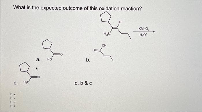 What is the expected outcome of this oxidation reaction?
C.
O a
Ob
Oc
Od
H₂C
a. HO
0
b.
d. b & c
H₂C
OH
KMnO
H₂O*